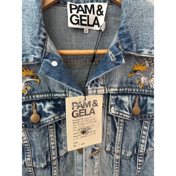 PAM & GELA Statement Denim Embroidered Jacket with‎ Rhinestone Eagles Size Small - Picture 8 of 12
